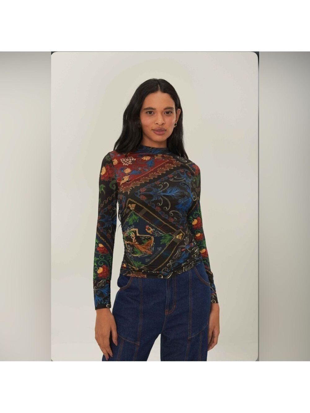 Farm Rio Black Mixed Arabesque Scarves Jersey Blouse